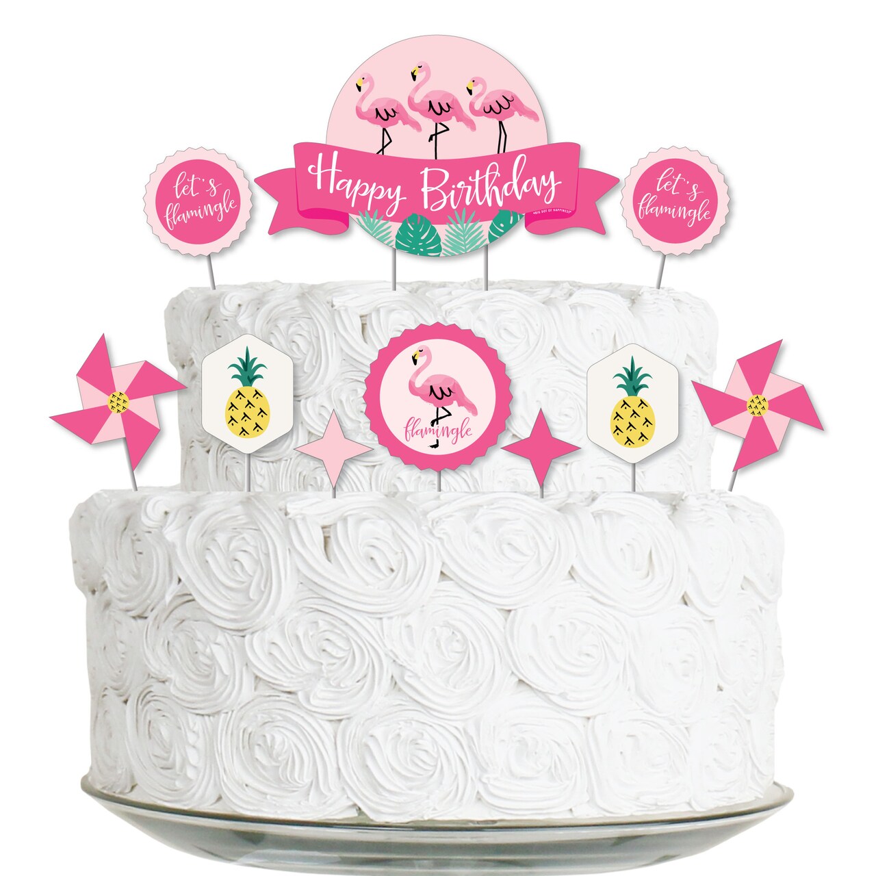 Big Dot of Happiness Pink Flamingo - Party Like a Pineapple - Tropical Birthday Party Cake Decorating Kit - Happy Birthday Cake Topper Set - 11 Pieces